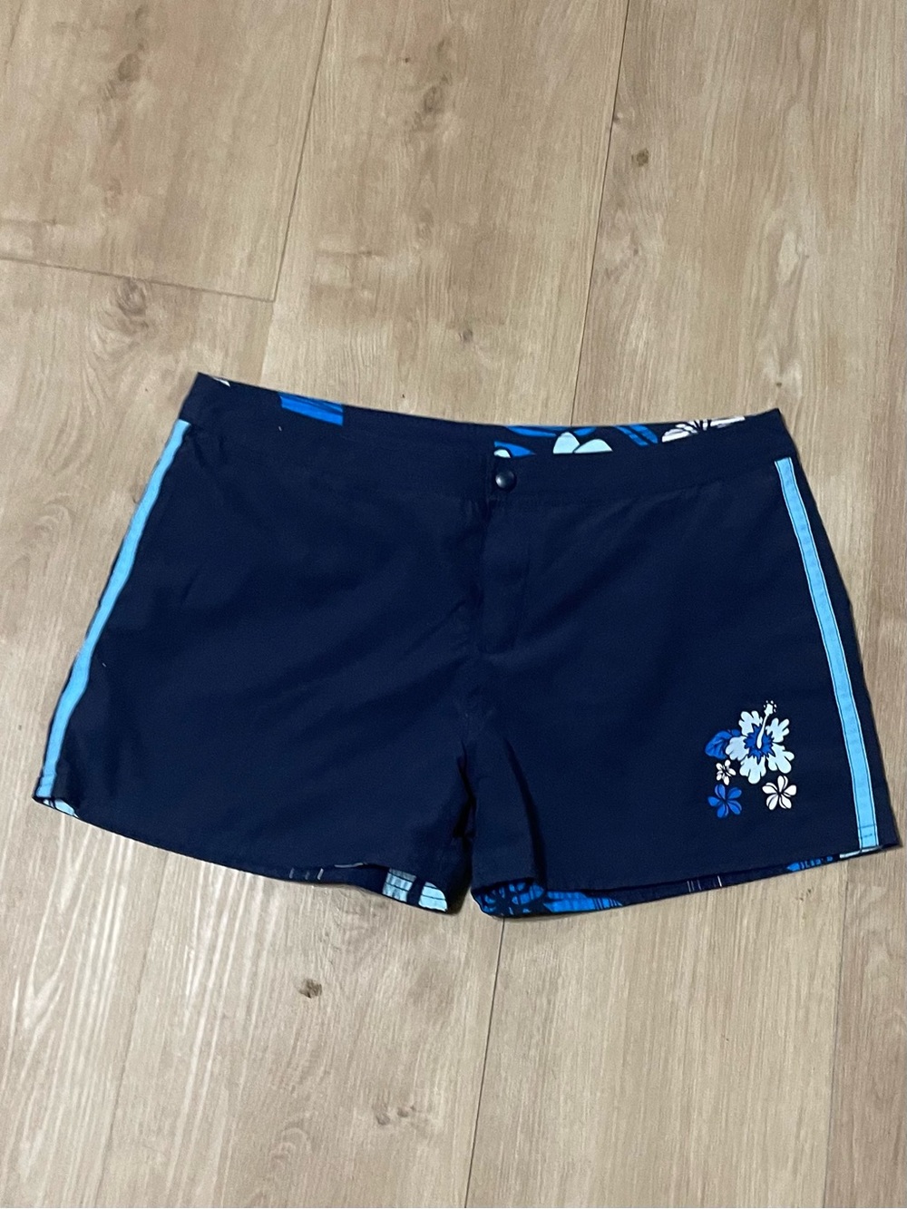 VTG OP Women's Navy Blue Swim Shorts with Light Blue Trim and Floral Accent